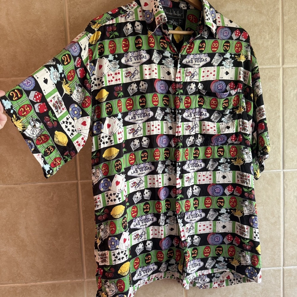 Vintage 90s Nicole Miller Silk Novelty Shirt Size Medium Vegas Poker Roulette